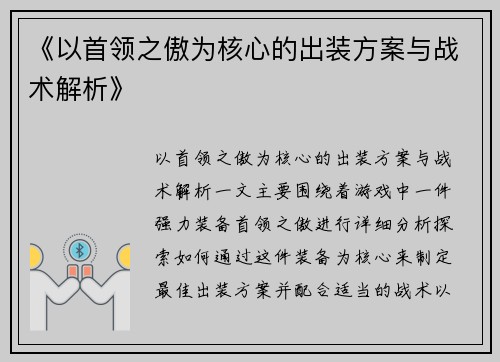 《以首领之傲为核心的出装方案与战术解析》
